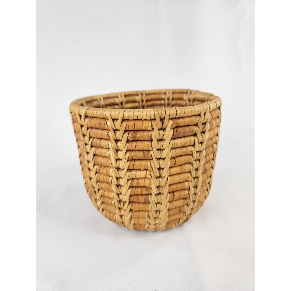 Vintage Primitive Coil Basket Grass Hand Woven Brown Tan Planter Pot Decor Thick